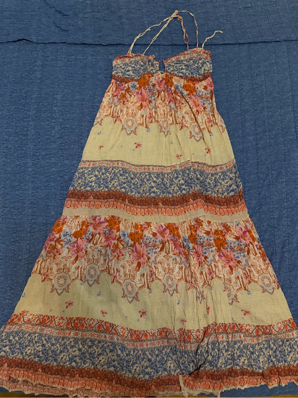 Free People Floral Tiered Maxi Skirt in Cream, Orange, Blue, Pink